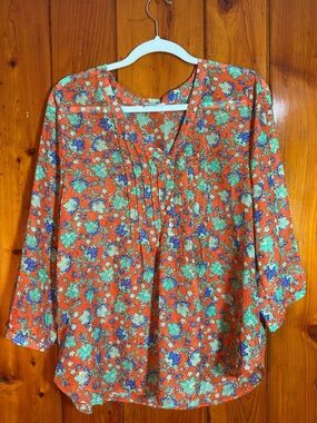 Rose & Olive size XL sheer Orange Floral Pintuck V-Neck Blouse
